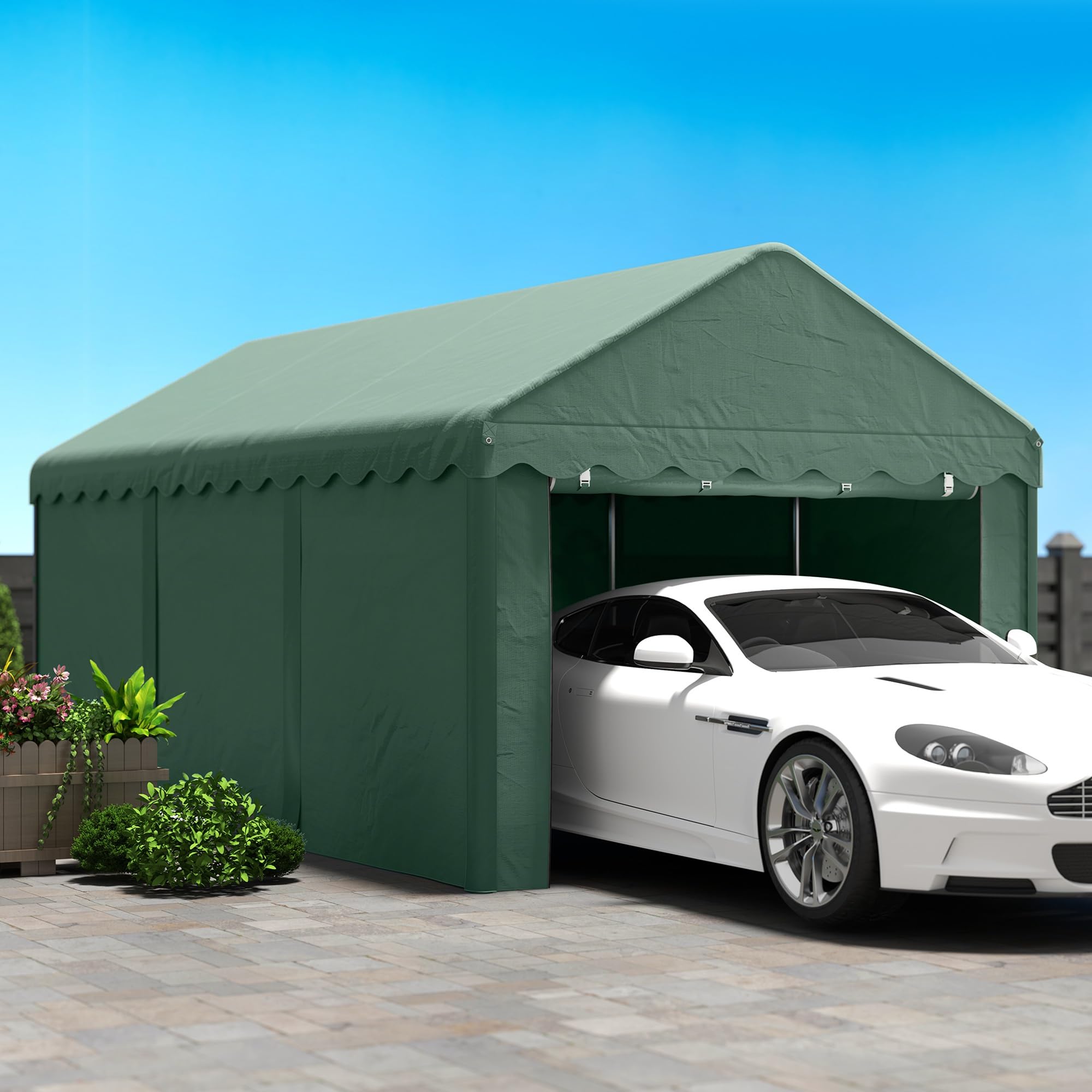 Outsunny Carport 3x6 m wasserdicht Garagenzelt mit Rolltüren, abnehmbaren Seitenwänden, UV-beständig Lagerzelt mit Dach, Zeltgarage Garagenüberdachung Unterstand Weidezelt für Auto, LKW, SUV, Grün