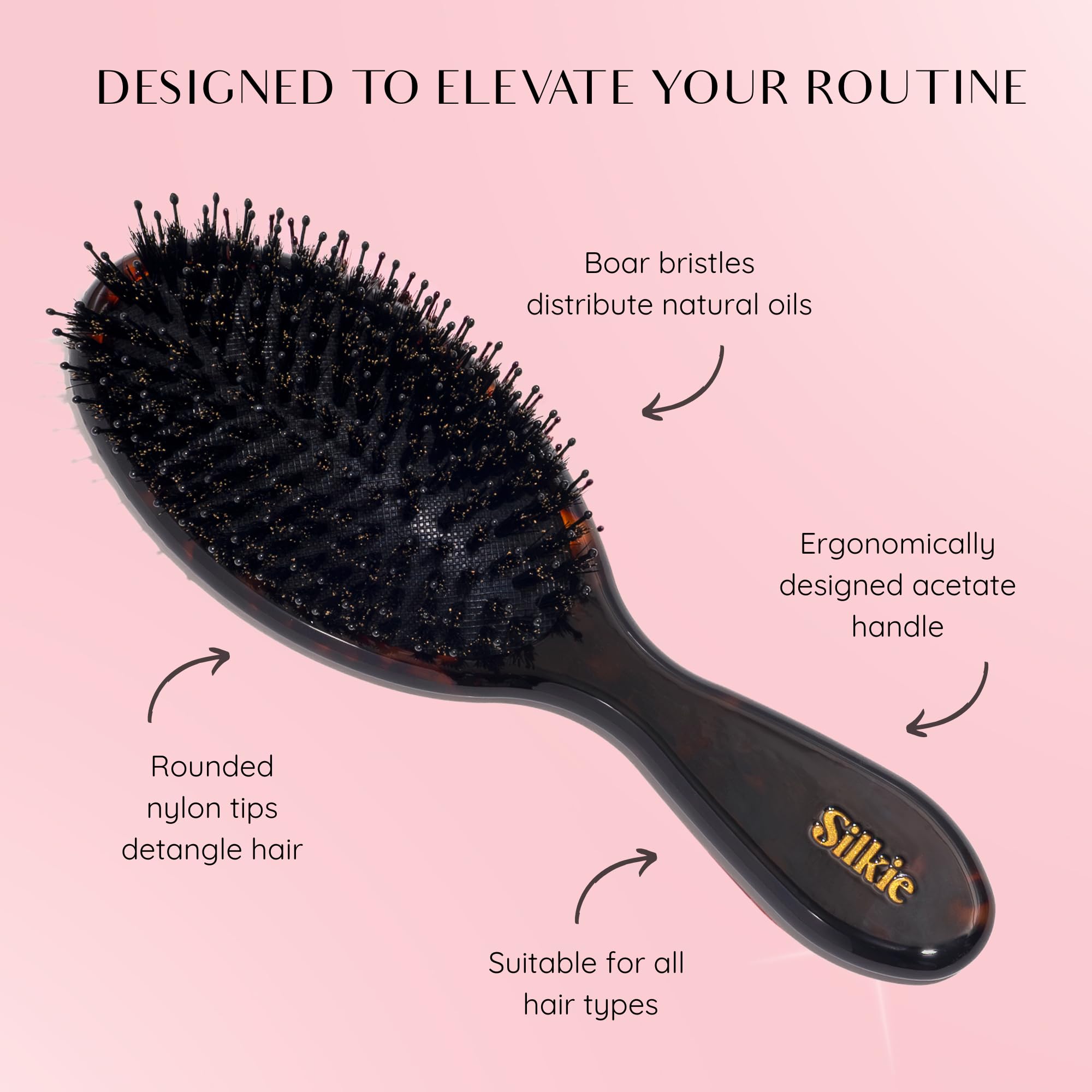 Silkie Acetate Resin Ultimate Smoothing Boar Bristle Brush Shine Detangling Straightening Gloss Natural Wigs Hair Extensions Slick Polish Curly Fine Straight Thick All Hair Frizz (Caviar) - Image 2