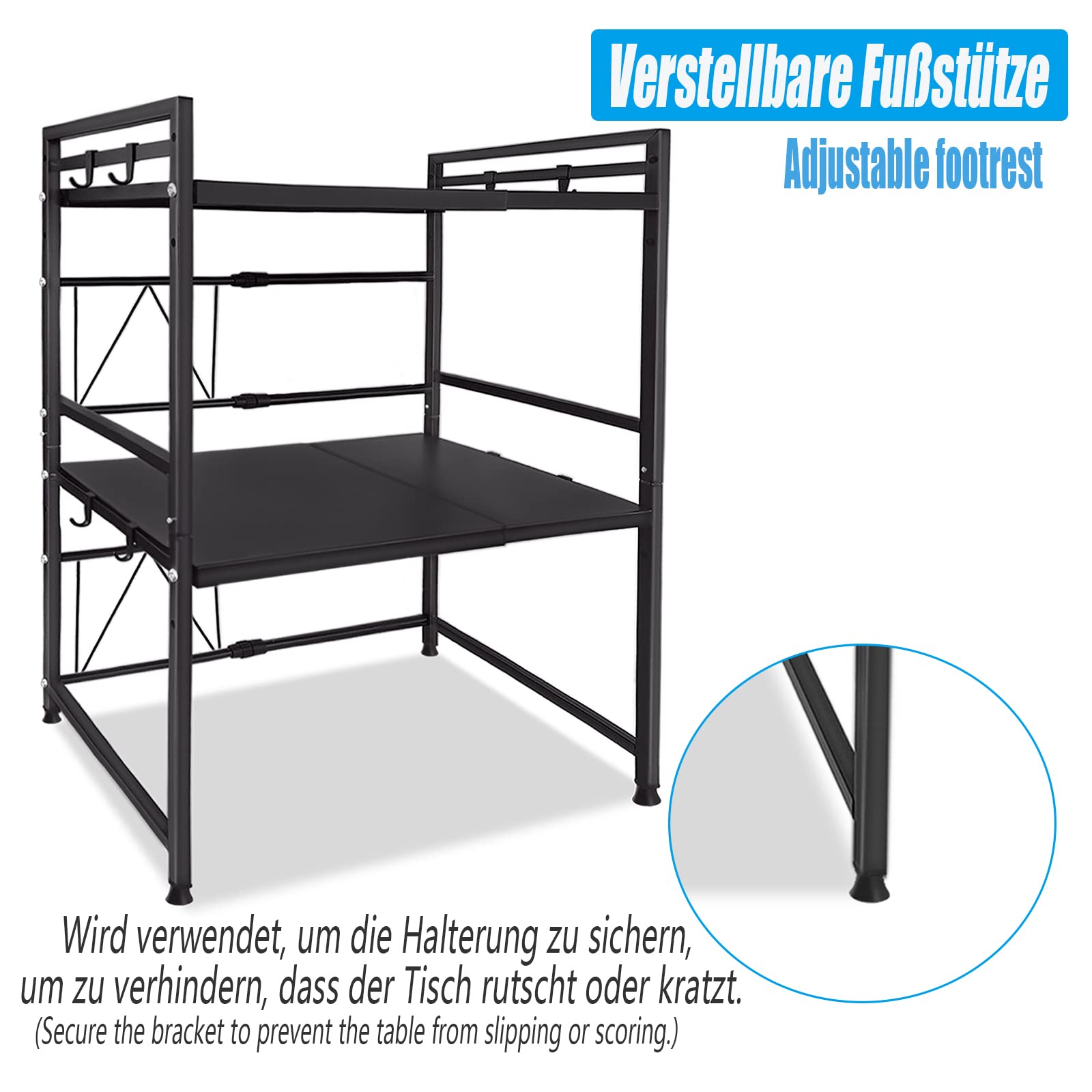 YRHome Erweiterbares Mikrowellen Regal 3-stufiges Mikrowellenständer Mikrowellenhalter Schwarz mit 8 Haken zum Aufhängen Organizer Bäckerregale Mikrowellenregalständer Küchenarbeitsplatten für Küche
