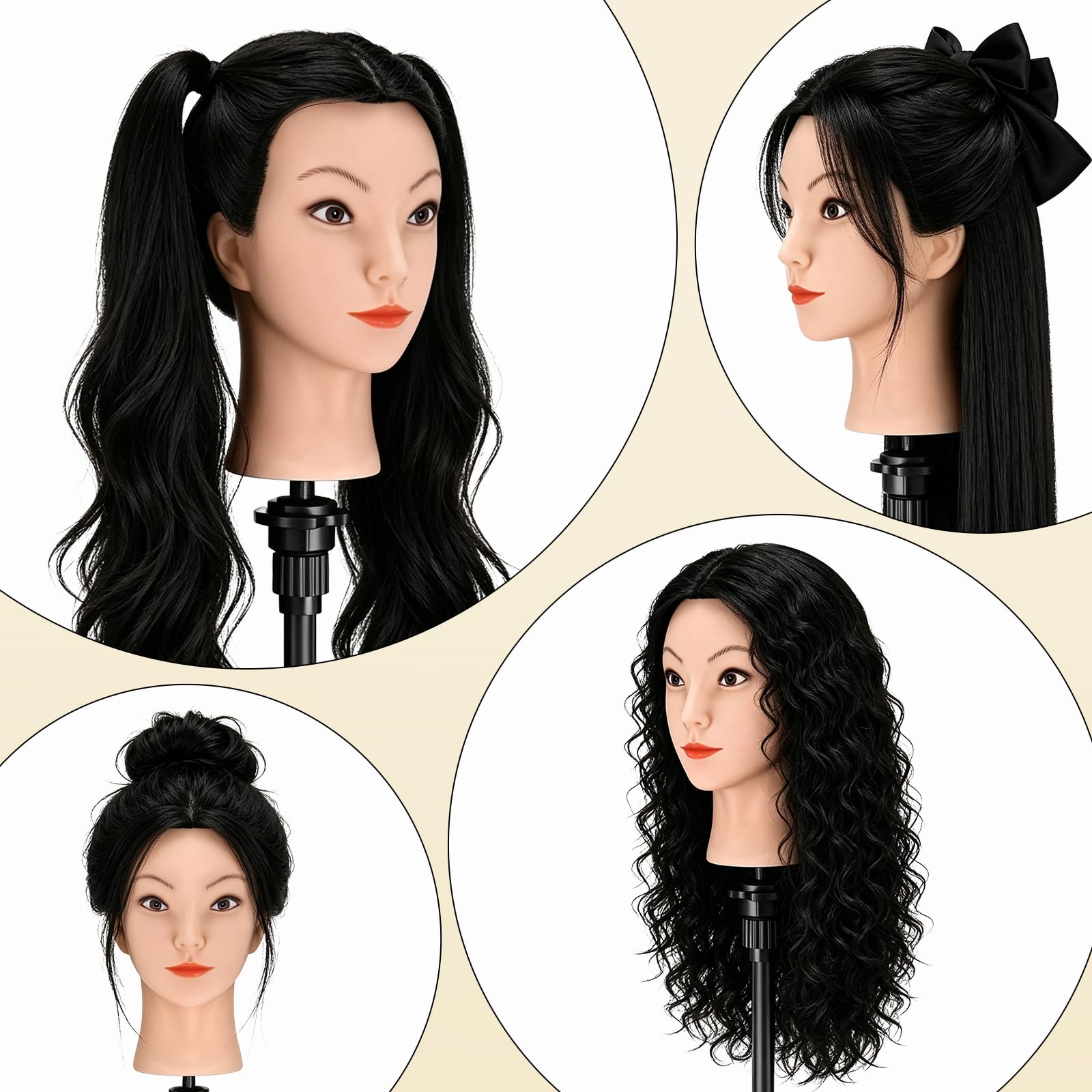 Yofuly Friseur-Trainingskopf, 45,7 cm, 100 % Echthaar, Manikin-Kosmetologie-Puppenkopf zum Flechten & Haarstyling, Übungskopf mit Tischklemme + DIY Zopf-Set (schwarz)