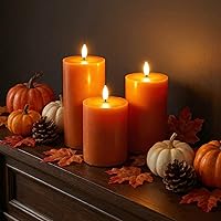 Vista 4 de Eywamage Velas de pilar sin llama de otoño naranja con control remoto, velas LED parpadeantes de cera de Acción de Gracias, funciona