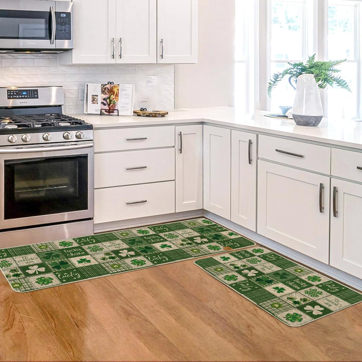 Artoid Mode Plaid Shamrock Lucky Charm St. Patrick's Day Kitchen Mats Set of 2, Home Decor Low-Profile Kitchen Rugs for Floor - 17x29 and 17x47 Inch
