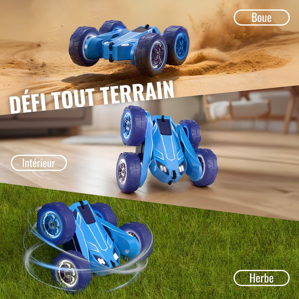 MaxTronic Voiture télécommandée, Exclusive Double Chargement Direct avec LED Réglable. 360° Stunt 15km/h Tout-Terrain radiocommandée Jouet Fête Cadeau pour 3-12 Ans Garçon Fille