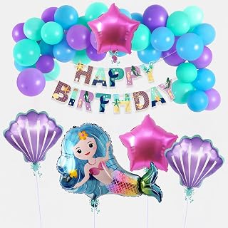 Velunza Mermaid Theme Birthday Decorations Banner with Latex & Foil Balloons Set of 36 Pcs | Girl Birthday Decoration Kit Mermaid Theme | Bday Party Decorative Items