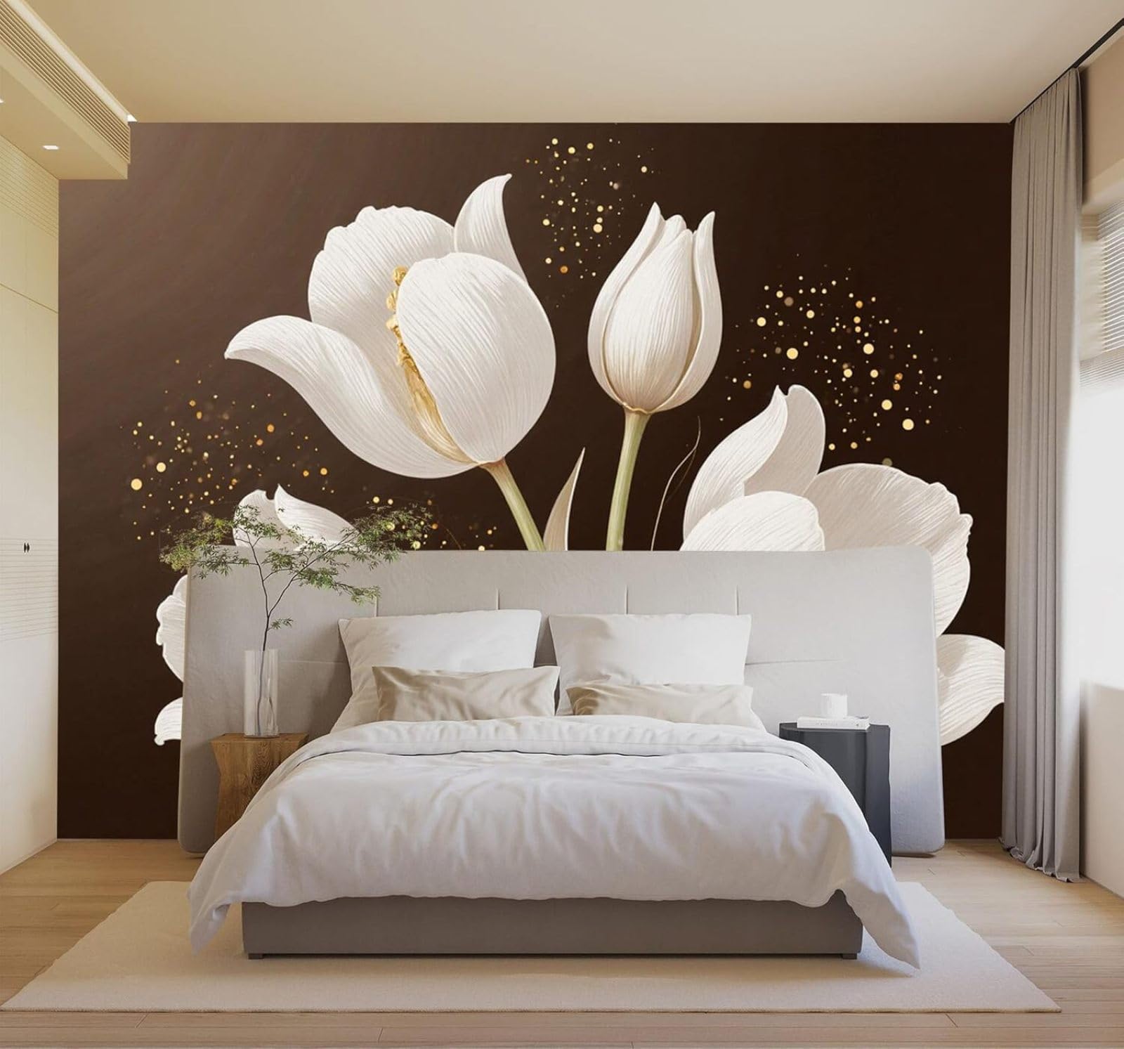 3D Papel Pintado Belleza Tulipanes Blancos Flores Detalles Dorados Fondo