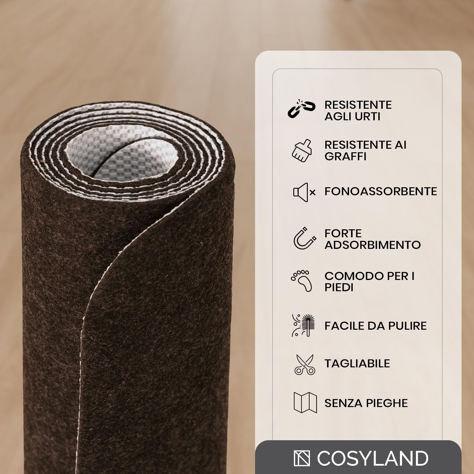 COSYLAND Tappeto Sedia Ufficio antiscivolo e silenzioso - Tappeto per Sedia con Ruote resistente ai graffi e facile da arrotolare (Marrone Scuro)