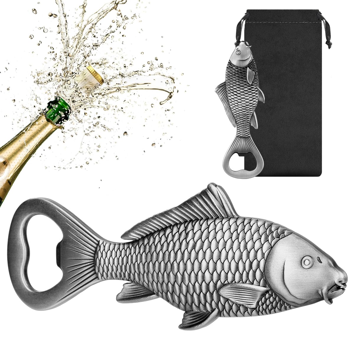 LULLEA Carp Beer Bottle Opener, Fishing Gifts for Fisherman, Carp Fish Decoration, Birthday Fathers Day Christmas Gifts for Men Women Dad Fisherman, Silver Beer Accessories with Gift Bag