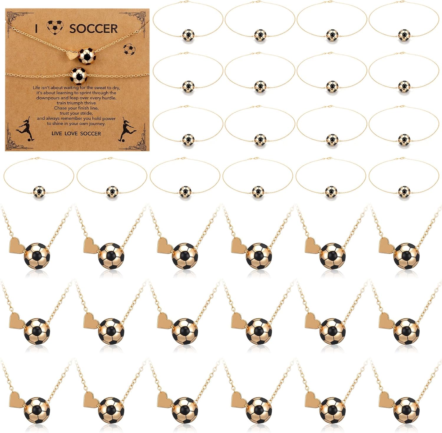 Quelay 18 Sets Soccer Team Necklace Bracelet Gift Bulk Sport Party Favor Team Gift Ball Charm Necklace and Bracelet with Inspirational Card Sports Accessories for Women Party Favor