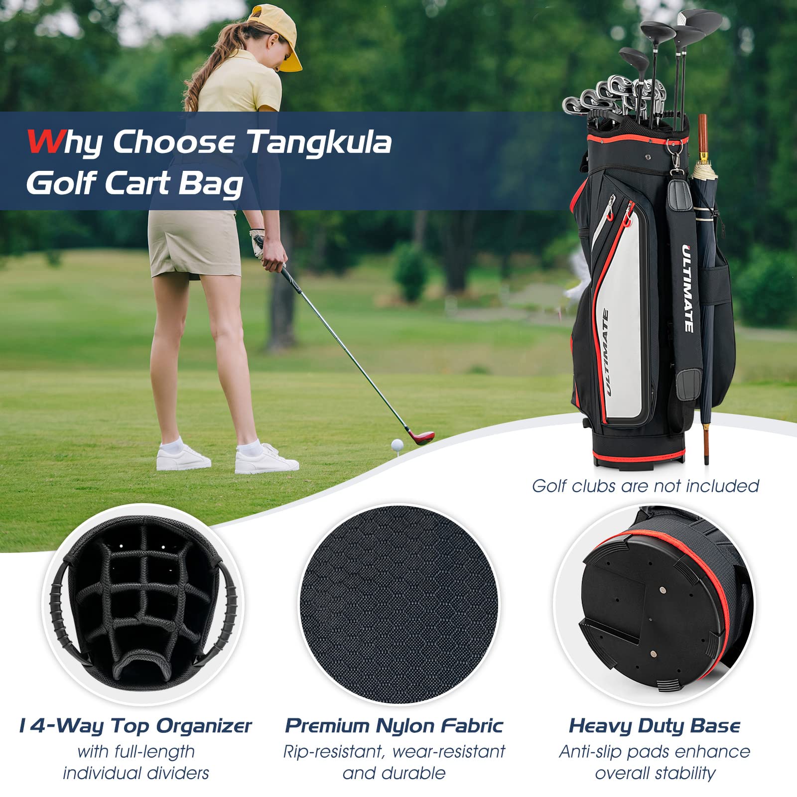 COSTWAY Sac de Golf avec Support 14 Compartiments Séparés 8 Poches Capuche Anti-Pluie Bandoulière Sac Isotherme Léger pour Transporter Grande Capacité