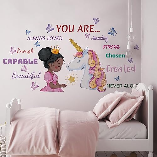 Miniatura 2 de Suplante - Calcomanía de pared de niña negra y unicornio, diseño de princesa afroamericana con texto positivo, para dormitorio de niñas, decoración