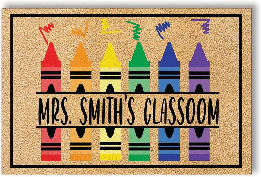 NAZENTI Personalized Teacher Rug Classroom Welcome Mat, Halloween Doormat, Crayons School Rug