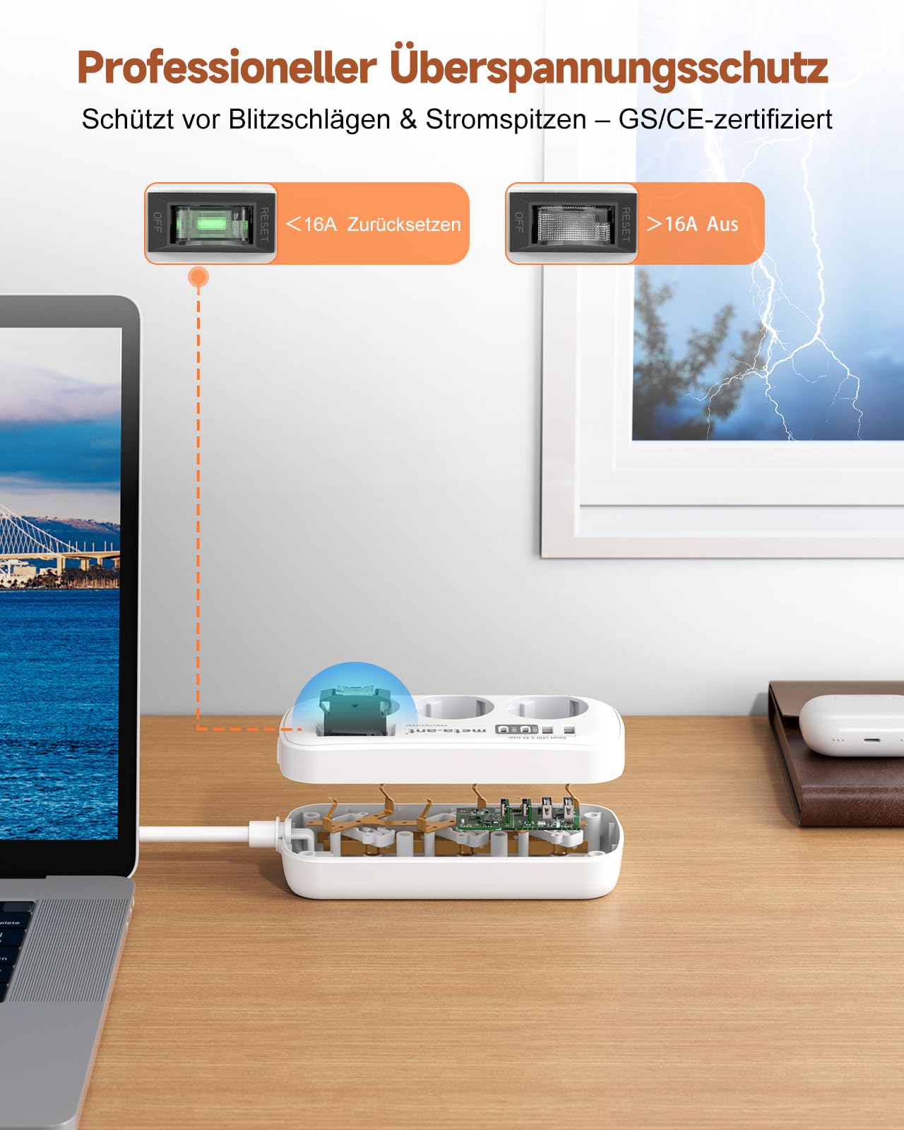 Ciabatta elettrica con USB PD20W, 3 prese, con protezione da sovratensione, 4000 W, presa con 4 USB (2 USB-C), 3 metri, presa elettrica a parete, per casa, ufficio, bianco