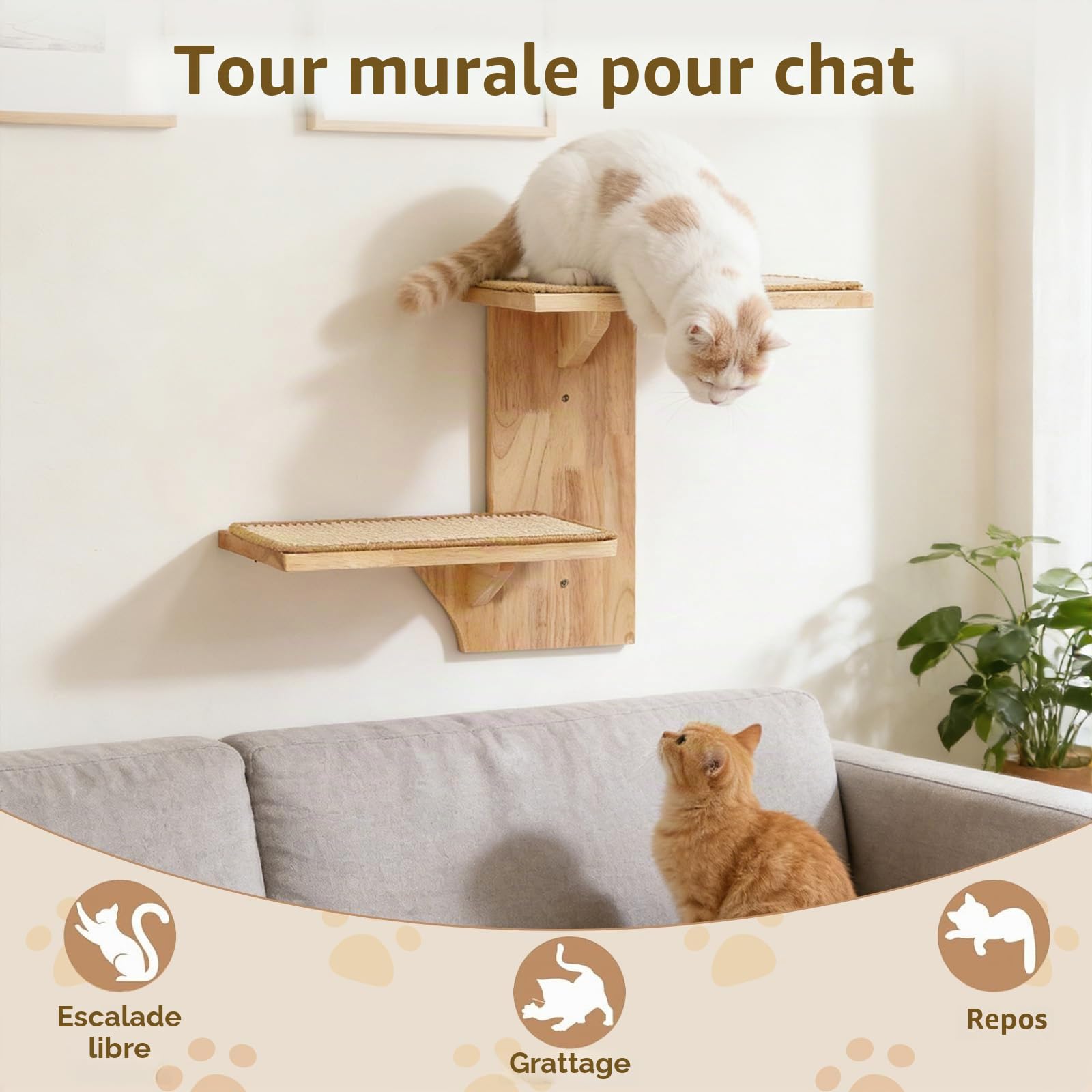 Arbre à Chat Mural en Bois Massif avec griffoir en sisal et 2 Plateformes