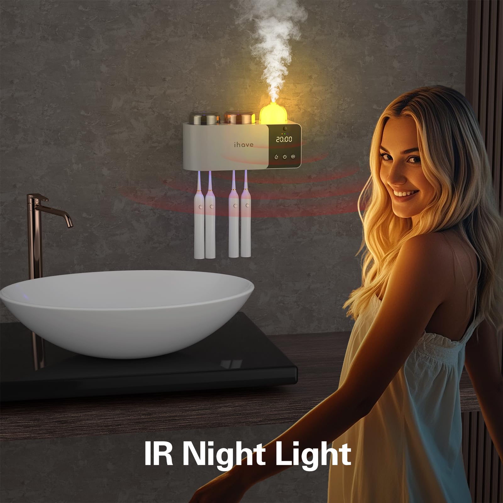 iHave Soporte para cepillos de dientes con desinfectante UV, difusor de aromaterapia y luz nocturna infrarroja, desinfección inteligente de crucero de 4 horas, secado combinado auxiliar, organizador