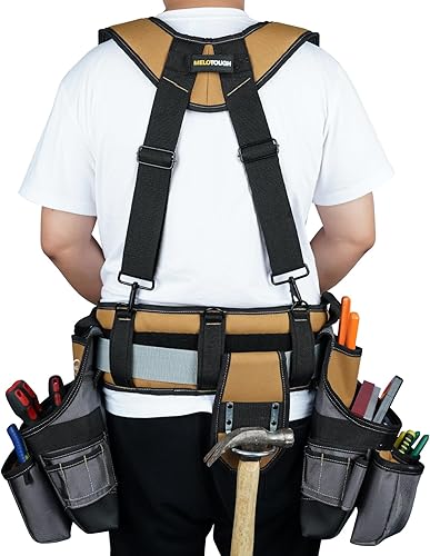 Miniatura 5 de MELOTOUGH Cinturón de herramientas con tirantes, bolsa de herramientas, tirantes, marcos, delantal, peine, cinturón de herramientas de construcción,