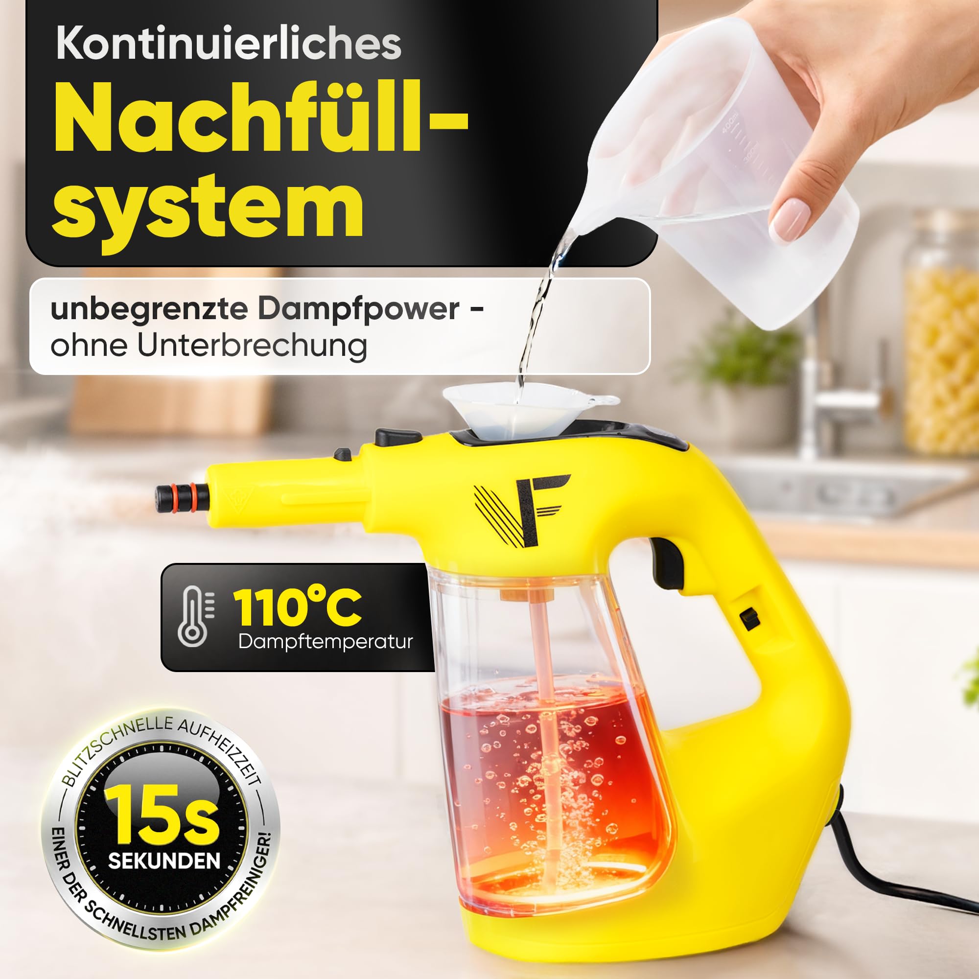 Neighbour's Friend® Dampfreiniger 2 in 1 mit Dampf Mop Funktion – Leistungsstarker Handdampfreiniger 1500W, 4m Kabel, 450ml Tank I Dampfreiniger Handgerät für Boden, Fenster, Bad, Teppich, Küche