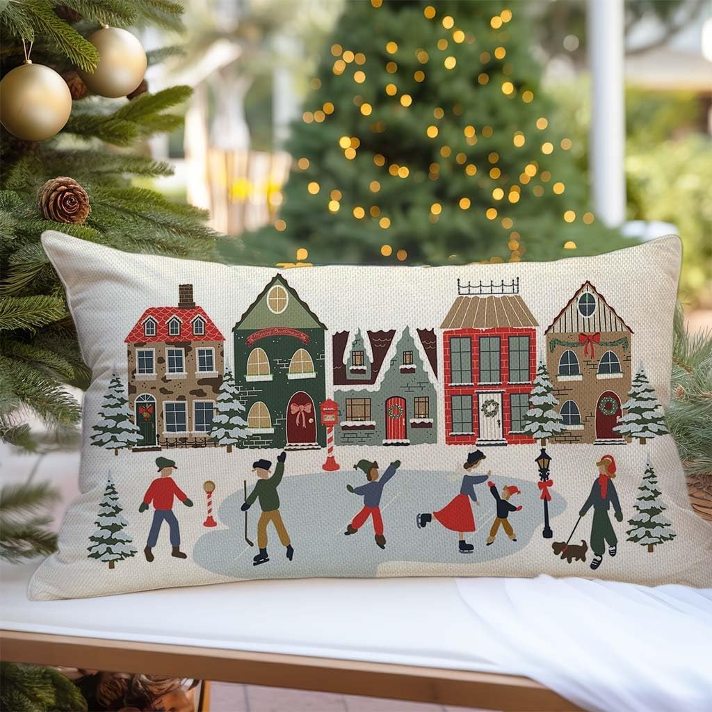 Winter Holiday Throw Pillow Cover 12x20 Village House Ice Skating image 4