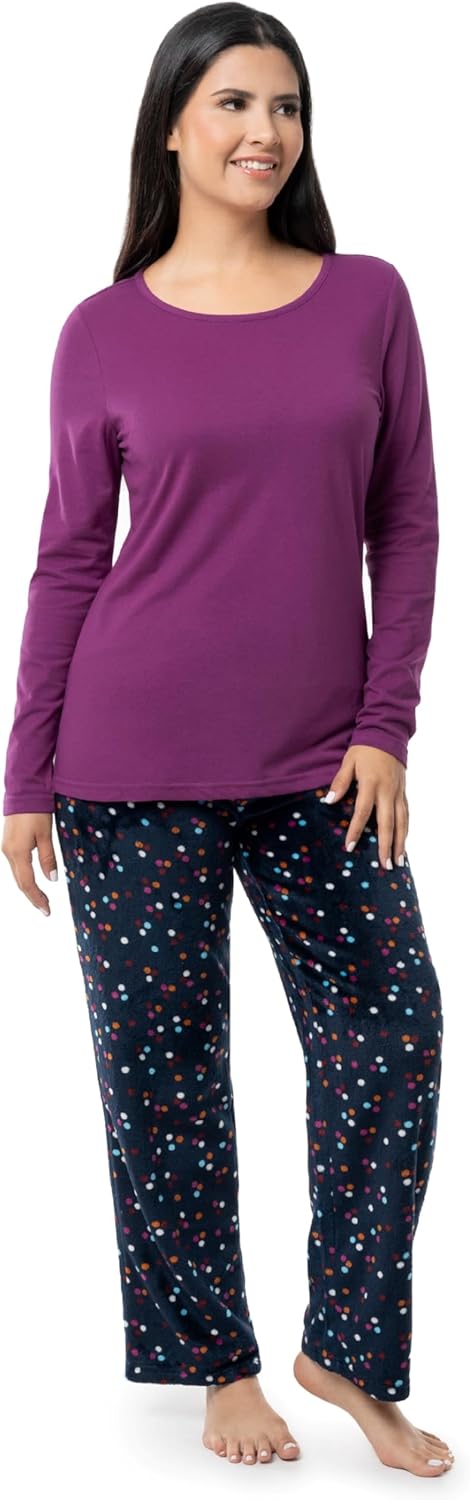 Fruit of the Loom womens Sueded Jersey Crew Top and Fleece Pant Sleep Set