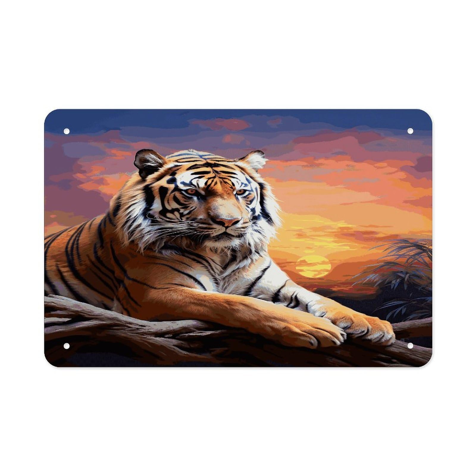 LDGSUPH Tiger Colorful Sunset Metal Tin Sign Wall Art Prints Folded Edge Iron Sheet Painting with Holes for Wall Prints Decorative Picture Metal Signboard Decor Painting Wall Decor
