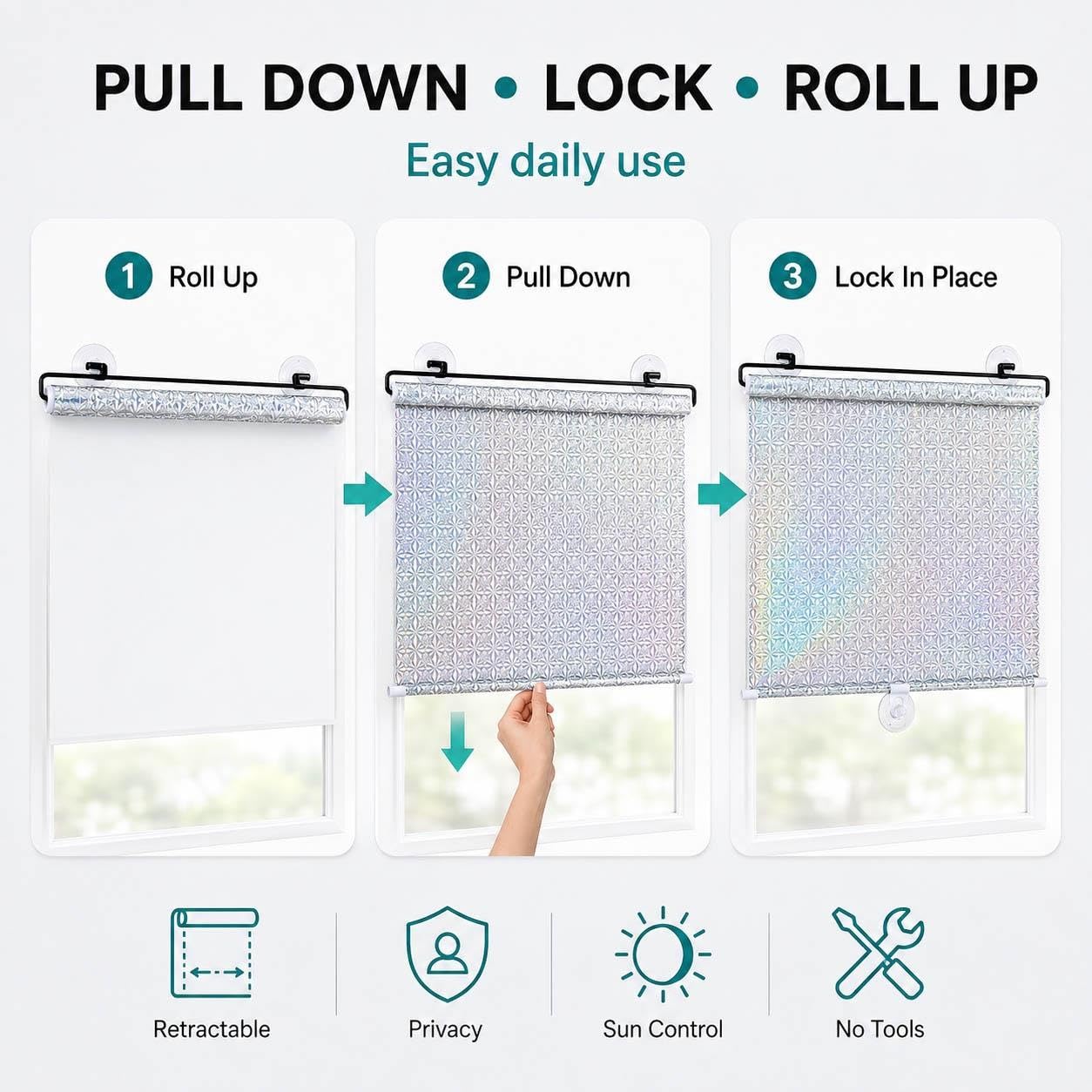Rullo Oscurante per Finestre con Ventose, 90% Blocco della Luce, Avvolgibile Riflettente Senza Forare, Schermo Privacy per Camera Ufficio Camper Auto(W 65 x 100 cm)