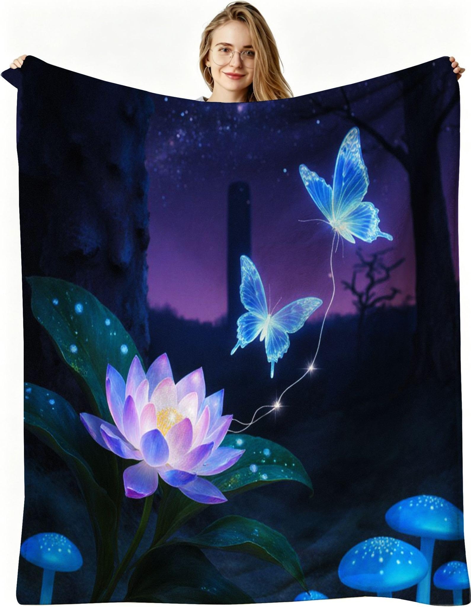 Couverture polaire 180x220 cm adulte en flanelle violette à motif papillon AQ9544