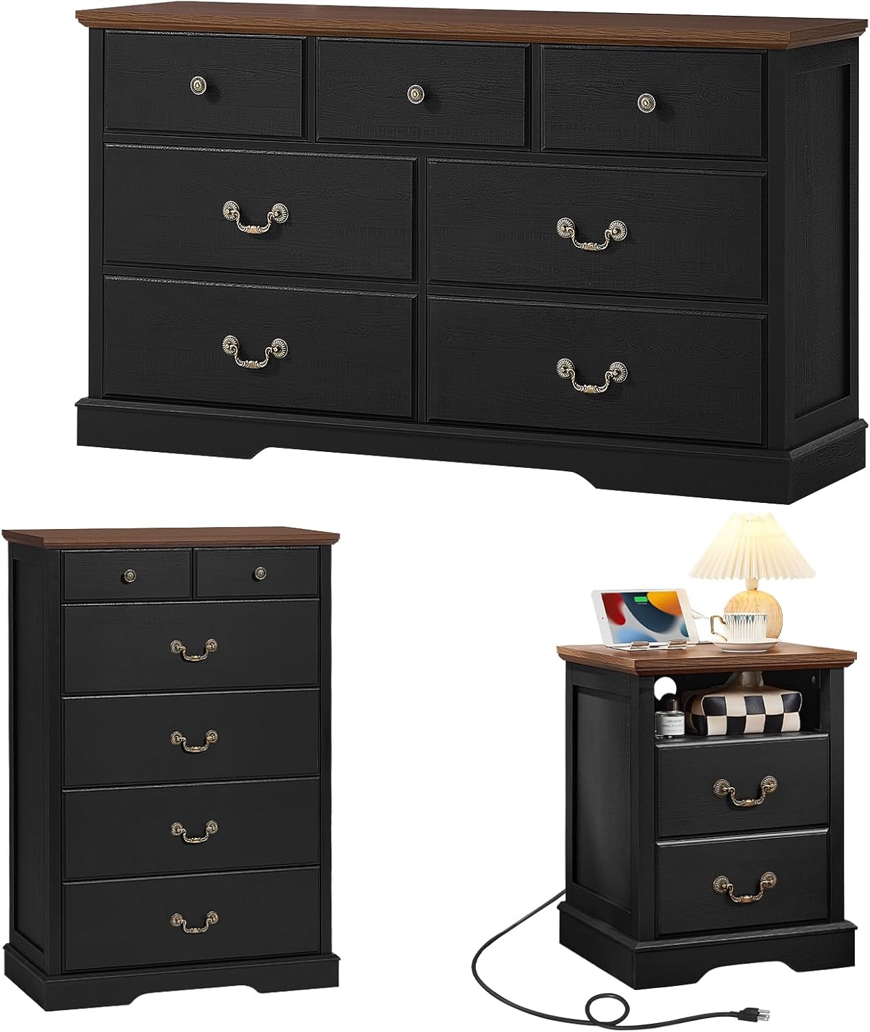 Farmhouse Dressers & Night Stand,54" Wide 7 Drawer Dresser & 45" Tall Chest of Drawers, 18" Wide 2 Drawers End Table with Charging Station,Furniture Dresser Sets for Home