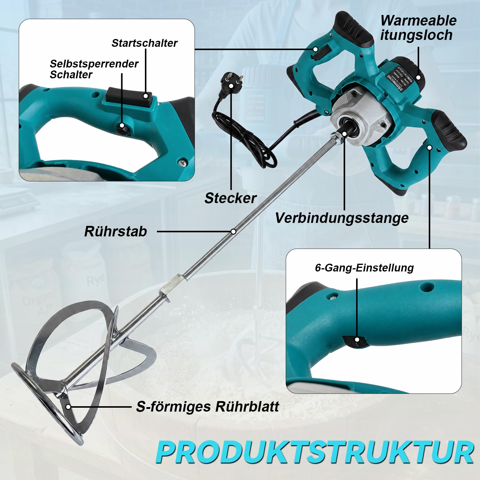 Mörtelrührer, 2400W Rührwerk mit 6-Gang-Getriebe, 1200r/min Quirl Mörtelrührer, Bürstenloser Reiner Kupfermotor, M14-Gewindemischer 1,8m Kabel Geeignet für Mörtel, Gips, Kleber und Zement