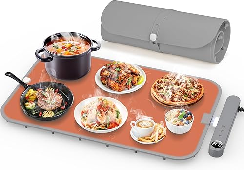 Miniatura 10 de Tapete Calentador de Alimentos, Bandeja Calentadora Eléctrica con 7 Temperaturas Ajustables, Calentador de Alimentos Plegable con Calentamiento