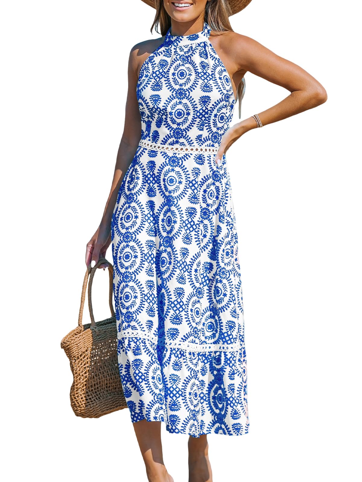 CUPSHE Vestido largo de verano para mujer, con cuello halter, cachemira, sin mangas, con corte en la cintura, largo, para la playa