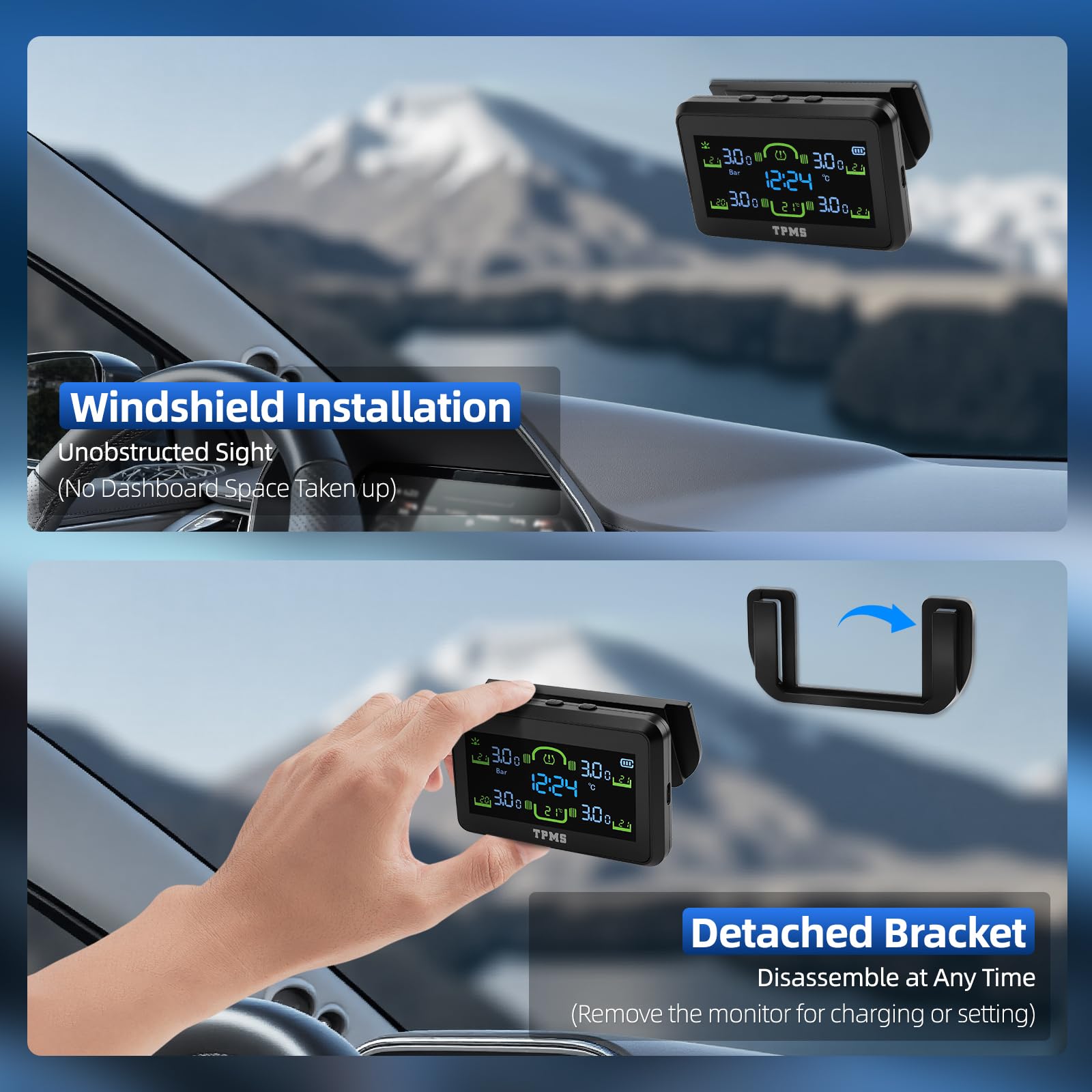 TPMS di Monitoraggio della Pressione dei Pneumatici Staccabile Ricarica Solare Wireless Sistema di Monitoraggio con Allarme, 4 Sensori, 22-87Psi Display Dell'ora per Camper Van Auto | 4 sensori di pressione degli pneumatici impermeabili, 5 allarmi,Autovet