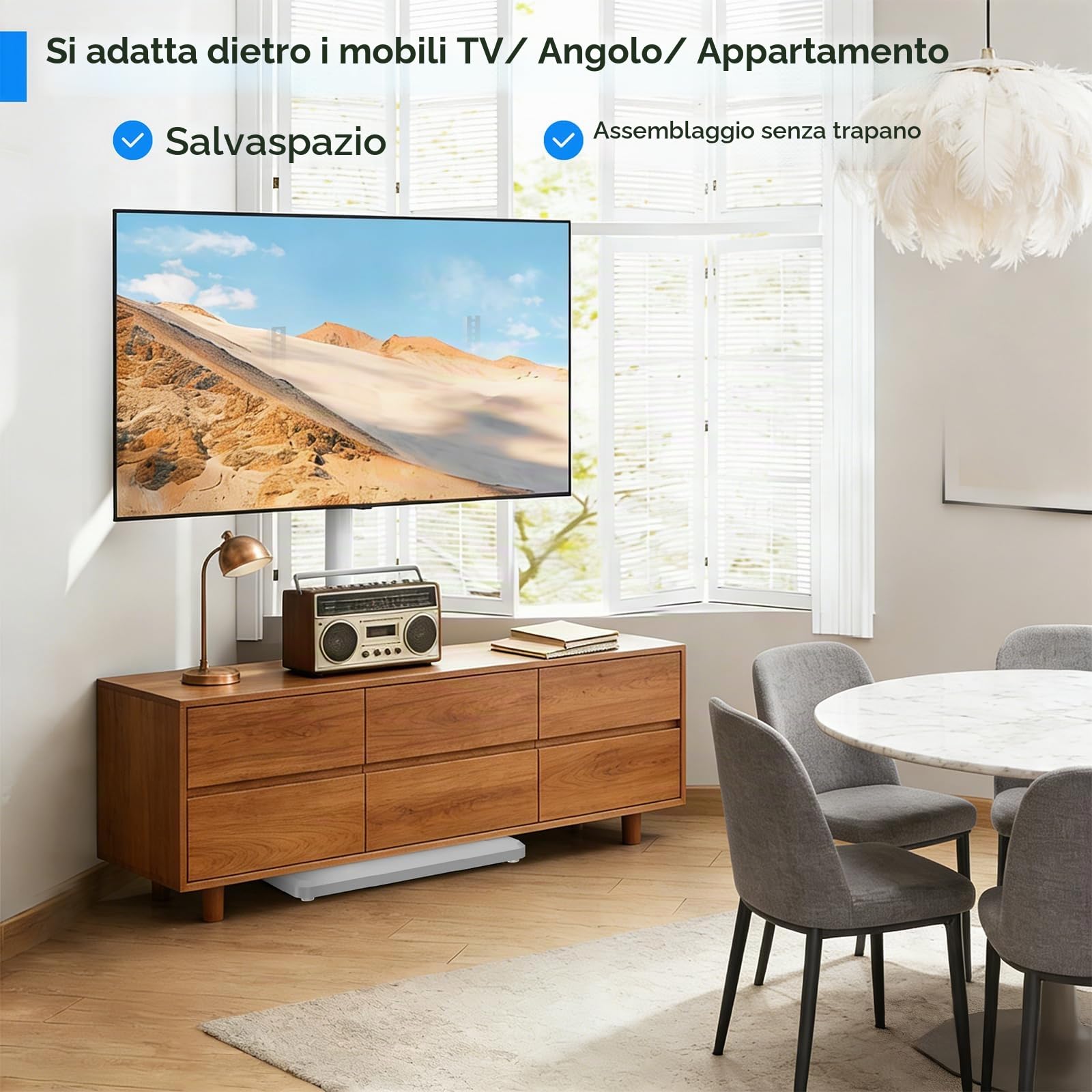 AX WABER Supporto TV da pavimento con staffa per televisori da 26-55 pollici fino a 77 libbre, supporto TV inclinabile e girevole regolabile in altezza con base in legno, bianco