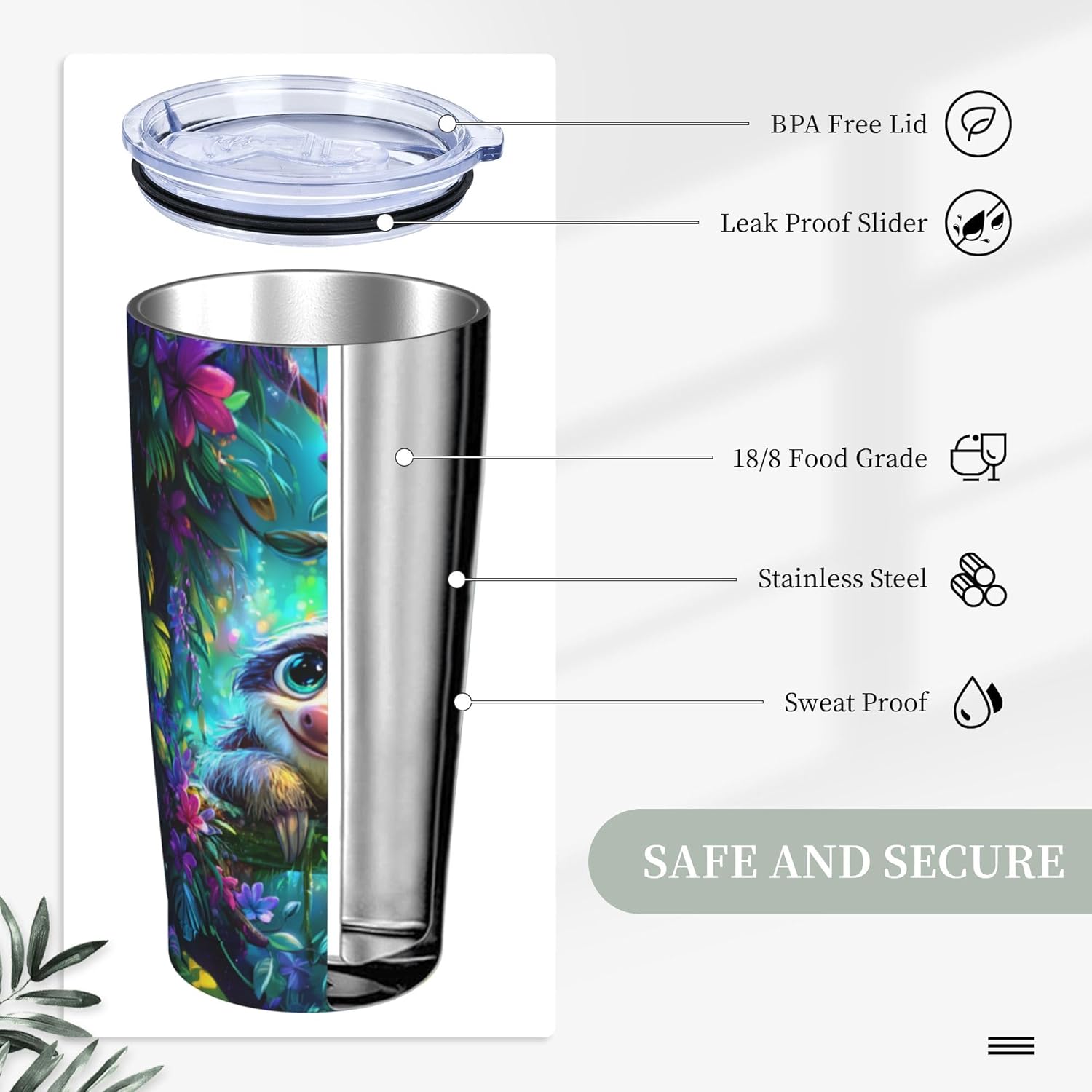 Sloth Tumbler with Lid and Straw 20oz Coffee Tumblers Leakproof Stainless Steel Travel Mug Vacuum Insulated Cup for Iced and Hot - Image 4