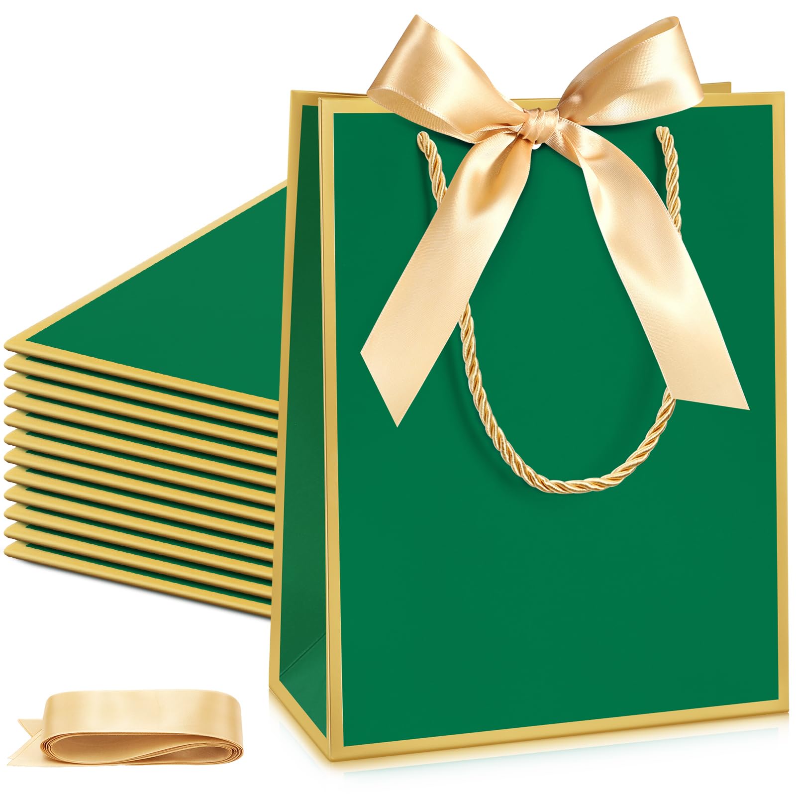 Silkfly 12 Pcs Wedding Paper Gift Bags with Handle 9x7x3.15'' Thank You Gifts Bags with Ribbon Bow Bridal Shower Gifts for Baby Shower Graduation Holiday Birthday Party Supplies (Dark Green,Gold) — image 1