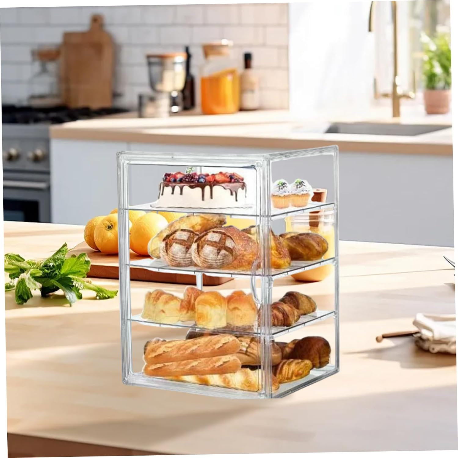 Pastry Display Case, 4 Layers Clear Bread Box, Bread Box for Kitchen Countertop, Cookie Stand with Removable Dividers for Kitchen Bakeries, 16x12x10in