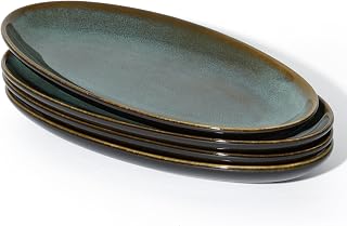 12.8" Oval Serving Platters, Stoneware Party Tray Set for Entertaining, Microwave Safe Large Platter for Fruit/Cheese/Cookie/Sushi/Appetizer, Ceramic Serving Trays Plates of 4, Aurora Green