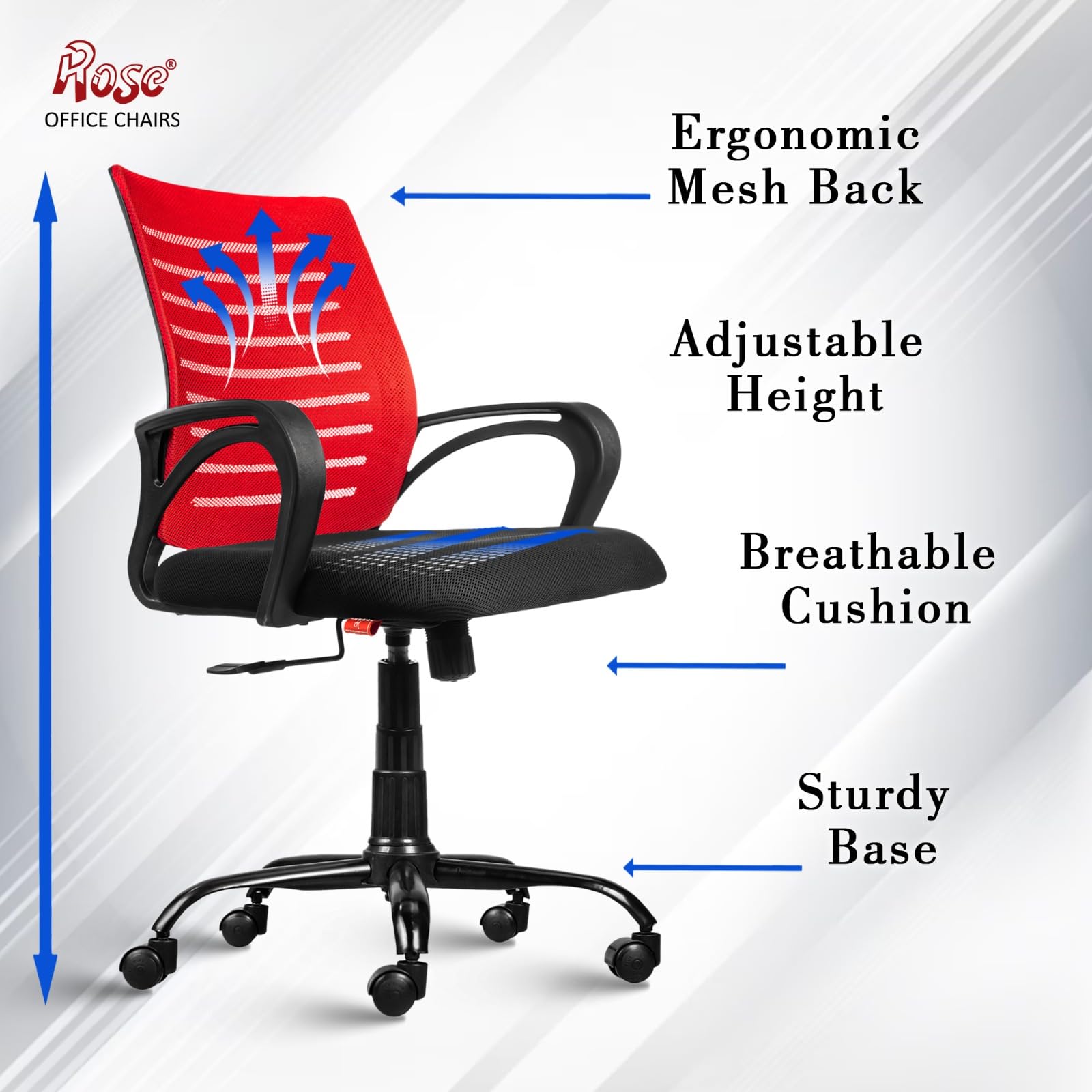 ROSE® Elite | 3 Years Brand Warranty | Ergonomic Office Chair, Study, WFH, Revolving, Rolling, Desk, Task, Laptop, Student Chair (Red, Elite Classic MB) 3