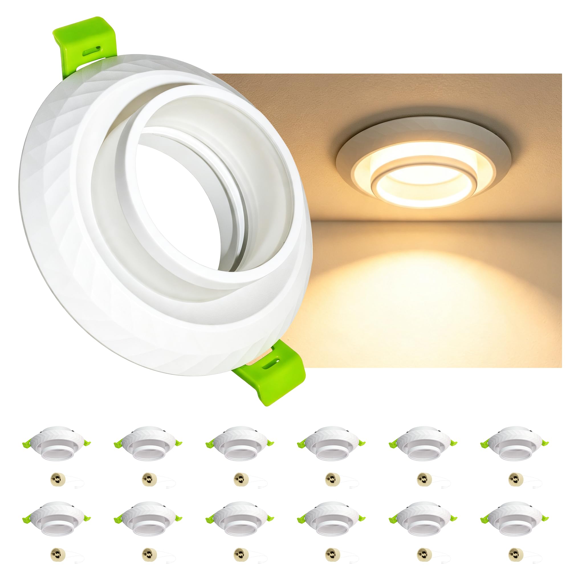 Set 12 Faretti da Incasso GU10, Ghiera Alluminio Bianco, con Portalampada GU10, Design Anti-Abbagliamento, Foro Regolabile 60-75mm, Ristrutturazione & Nuova Costruzione, Senza Lampadina