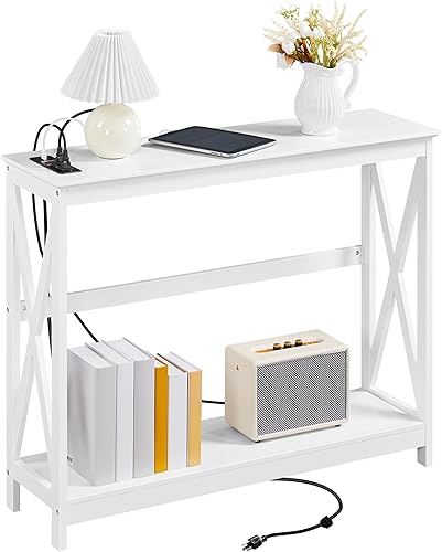 Yaheetech Mesa consola de 40 pulgadas con 2 salidas y 2 puertos USB mesa de entrada de madera con diseño en forma de X mesa de sofá estrecha para
