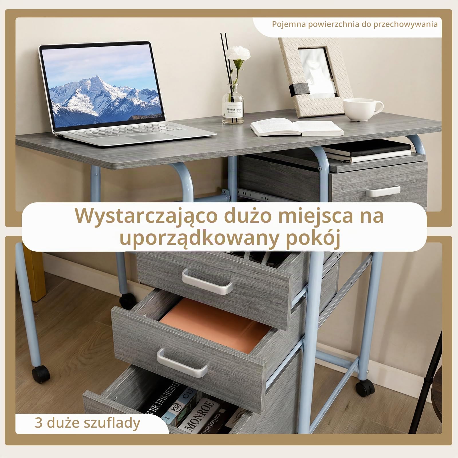 COSTWAY Składane biurko komputerowe z 3 szufladami i kółkami, biurko z metalową ramą, zajmuje mało miejsca, składane biurko do małych pomieszczeń, 105 x 50 x 75 cm (szare)