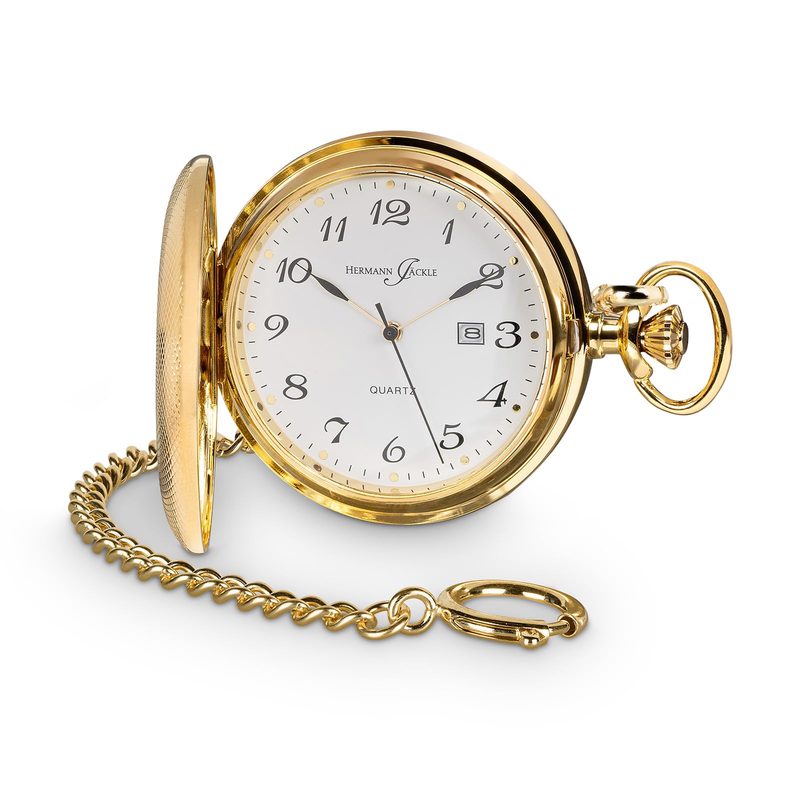 Hermann Jäckle Herren Taschenuhr Tübingen Vergoldet Quarz 50 mm | Vergoldetes Gehäuse, Quarzwerk, Datumsanzeige, inklusive Kette und Reiseetui