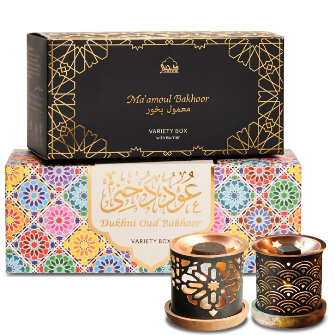 Dukhni Multicolor Oud & Maamoul Bakhoor Variety Box With Burners By | Set Of 2 | Authentic Arabic Incense Gift Set | Starter Kit With Luxurious, Long-Lasting Assorted Fragrances