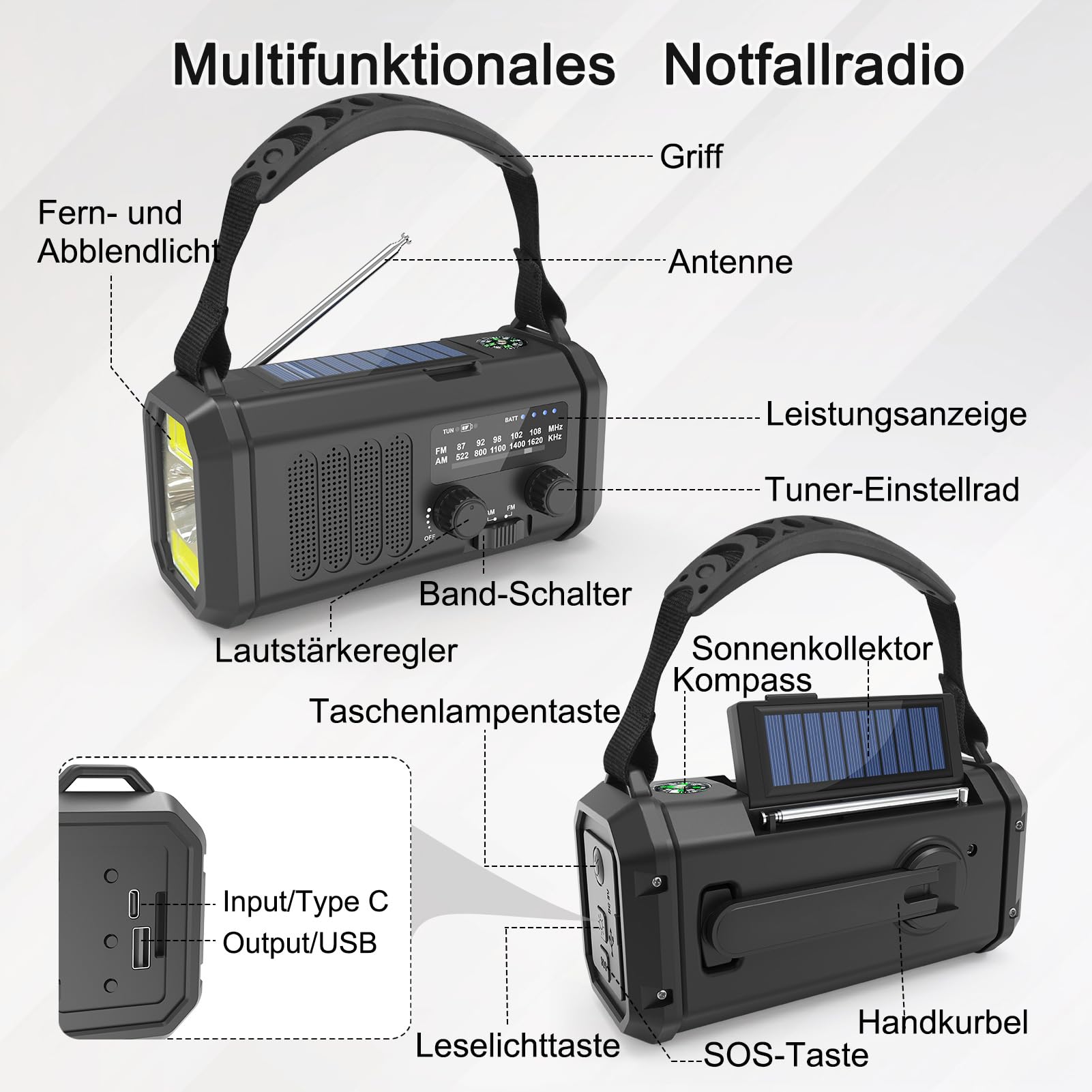 Solar Radio, Tragbar Kurbelradio AM/FM Notfallradio mit 10000/20000mAh Wiederaufladbar Powerbank, 3 Modi LED Taschenlampe, SOS Alarm,USB-C Handyladung für Camping Ourdoor (Schwarz, 20000 mAh)