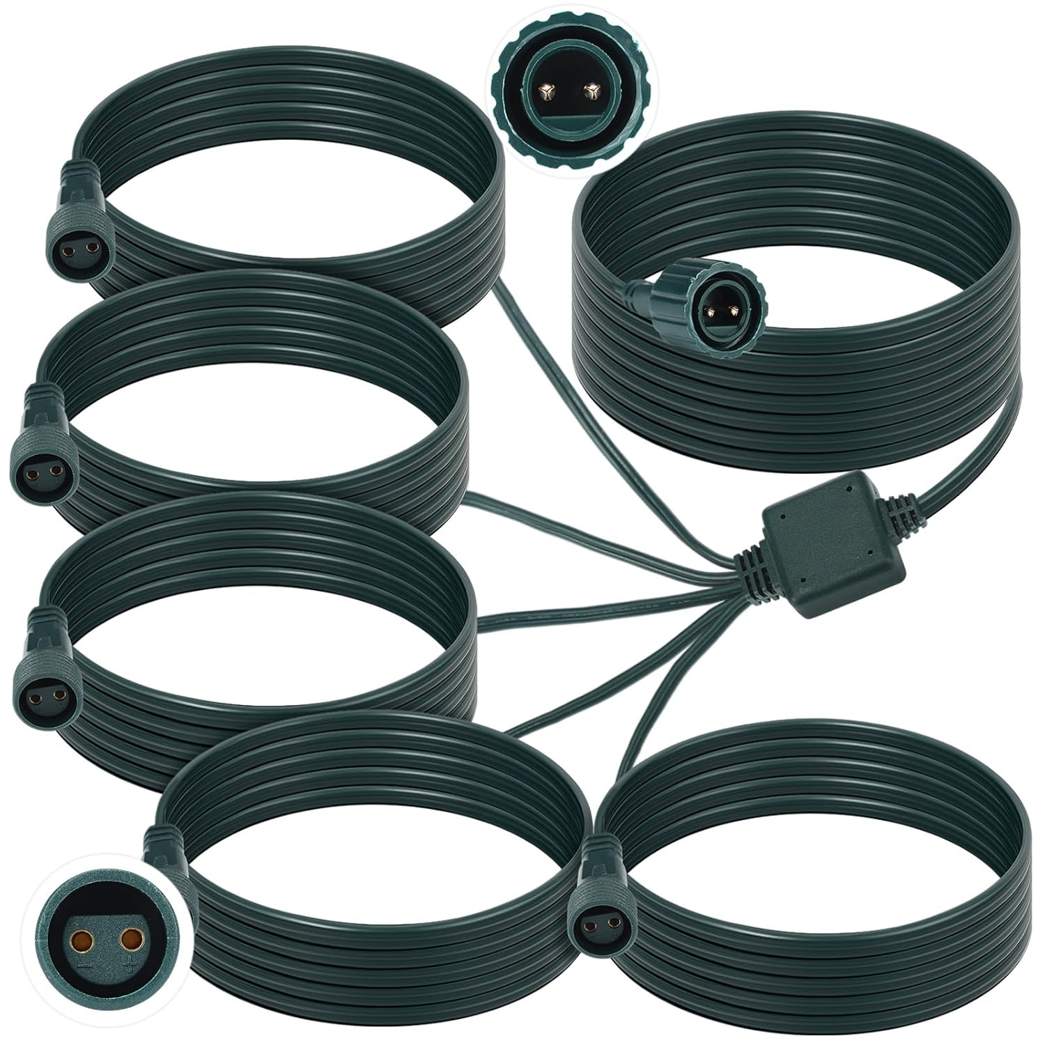Kanayu 2 Pin Splitter Connector for Christmas Lights 72-Inch Extension Cords for String Lights Inflatable Decorations Green Outdoor Extension Cable Waterproof Splitter Cords(1 to 5)