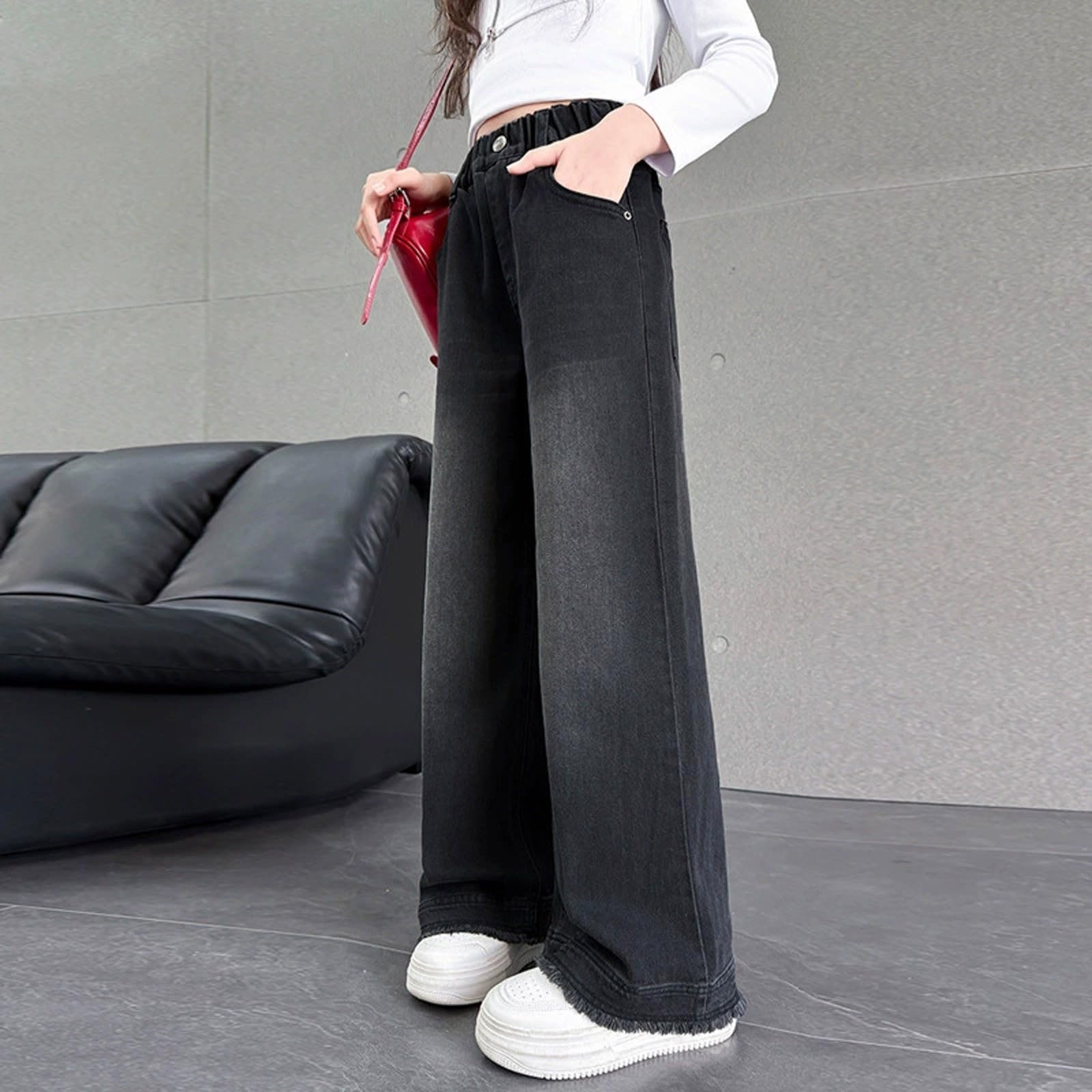Baggy Jeans Mädchen 120-170 Fit, Wide Leg Jeans Mädchen 4-16 Jahre Y2K Straight Loose Fit, Jogginghose Teenager Elastische Taille, Jeanshose Denim Hosen Kinder Vintage Lässige
