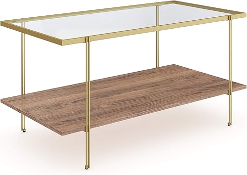 Miniatura 8 de Nathan James Asher Mid-Century - Mesa auxiliar rectangular, parte superior de cristal, estante de almacenamiento de roble rústico con patas de metal