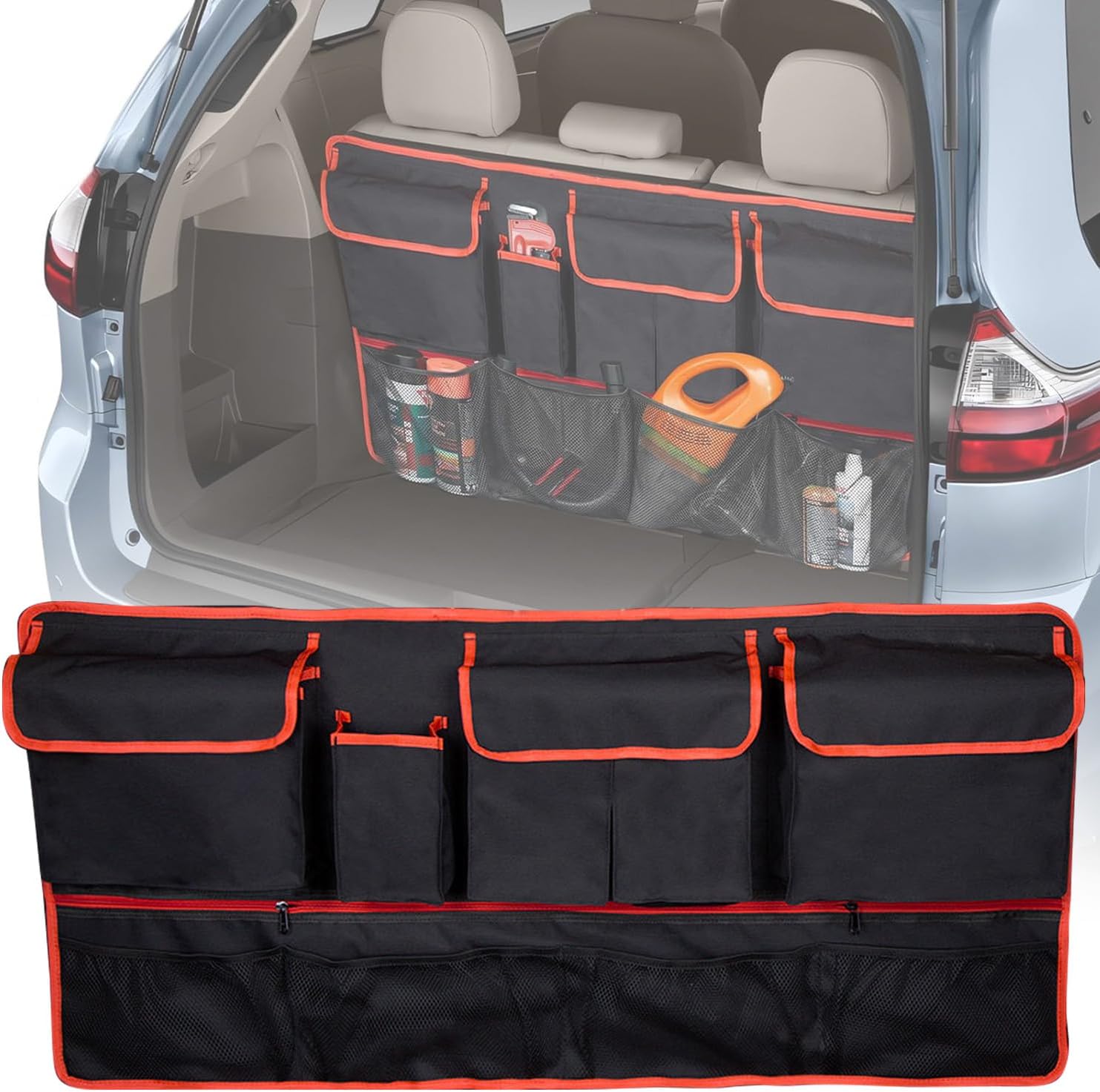 Backseat Hanging Organizer Car Trunk Organizer Multi-pocket Rear Seat Tidy Storage Bag Durable Cargo Storage Bag 5 Large Pocket 4 Net Mesh Pouch Adjustable Strap Trunk Organizer for SUV Truck Jeep Van