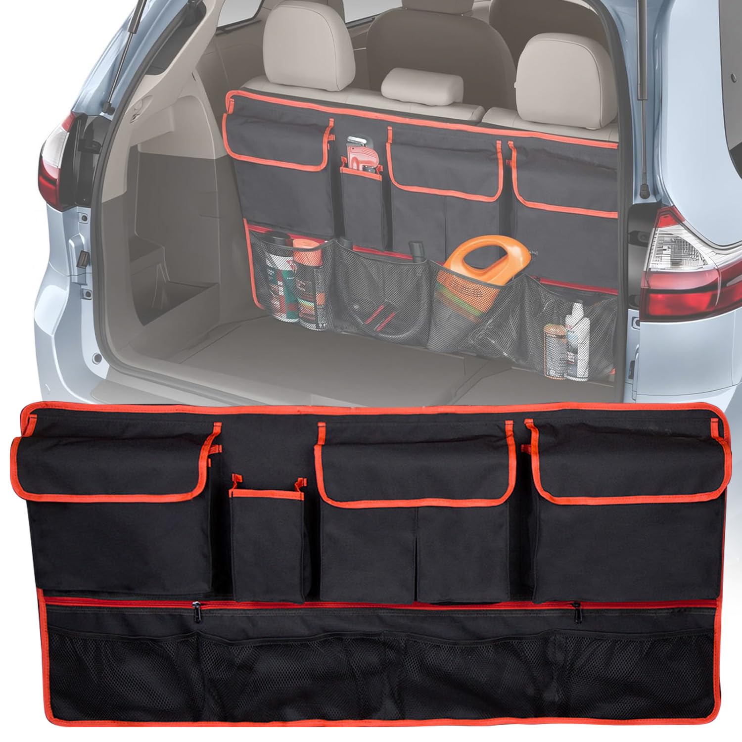 Backseat Hanging Organizer Car Trunk Organizer Multi-pocket Rear Seat Tidy Storage Bag Durable Cargo Storage Bag 5 Large Pocket 4 Net Mesh Pouch Adjustable Strap Trunk Organizer for SUV Truck Jeep Van