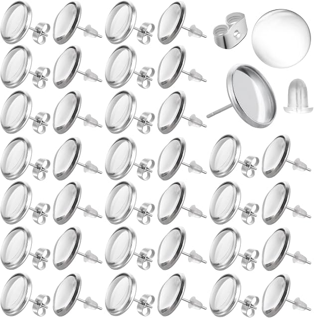 200 Pieces Stud Earring Kit, Including 50pcs 12 mm Stainless Steel Blank Stud 50pcs Clear Glass Cabochons, 50 Rubber Backs 50 Stainless Steel Earring Back for DIY Jewelry Making (Silver)