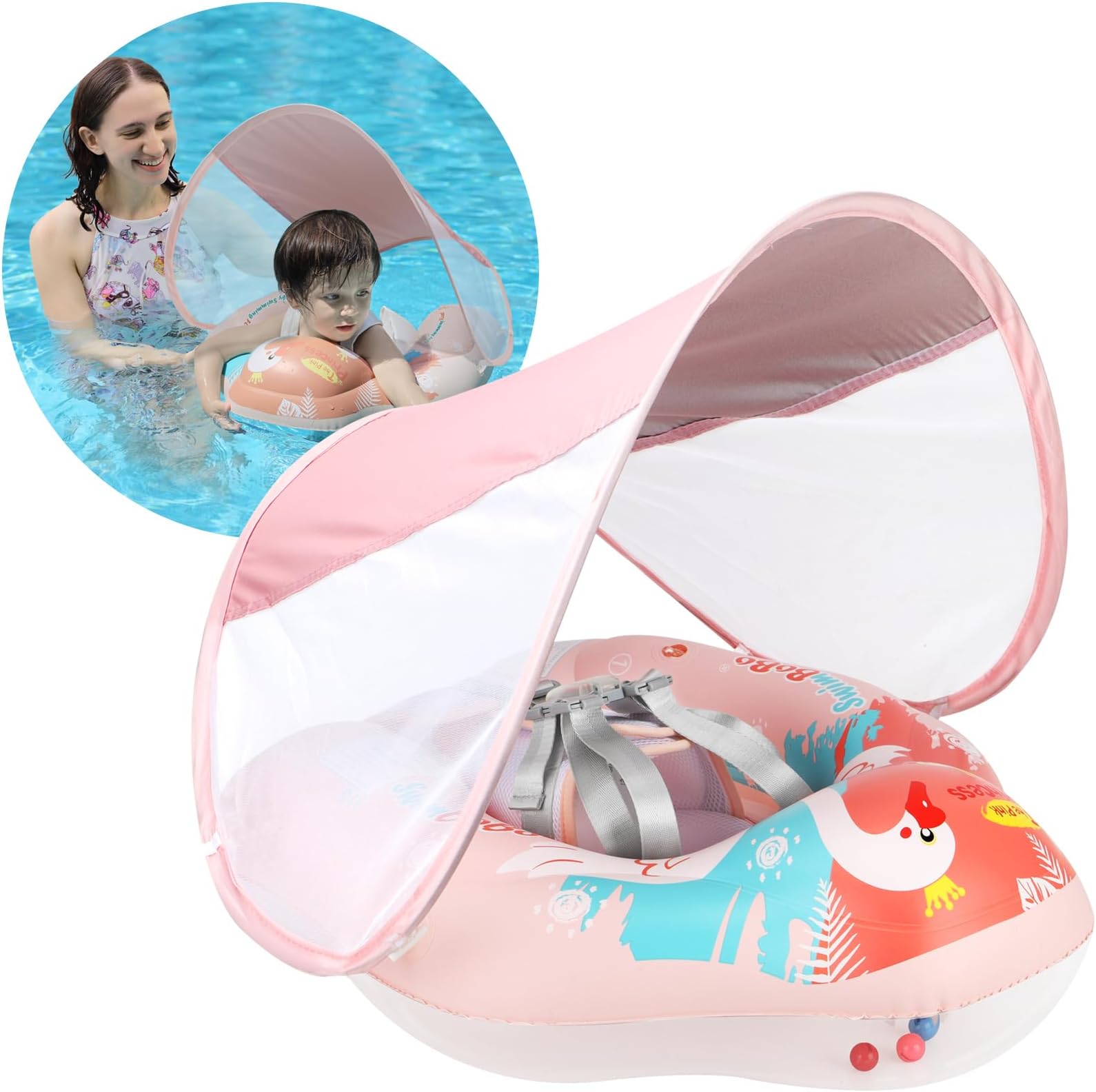 Swimbobo Infant Pool Float with Sun Canopy Inflatable Baby Swimming Floatie with Sponge Safety Bottom Support Water Toys Swimming Trainer(Pink Swan,Large)