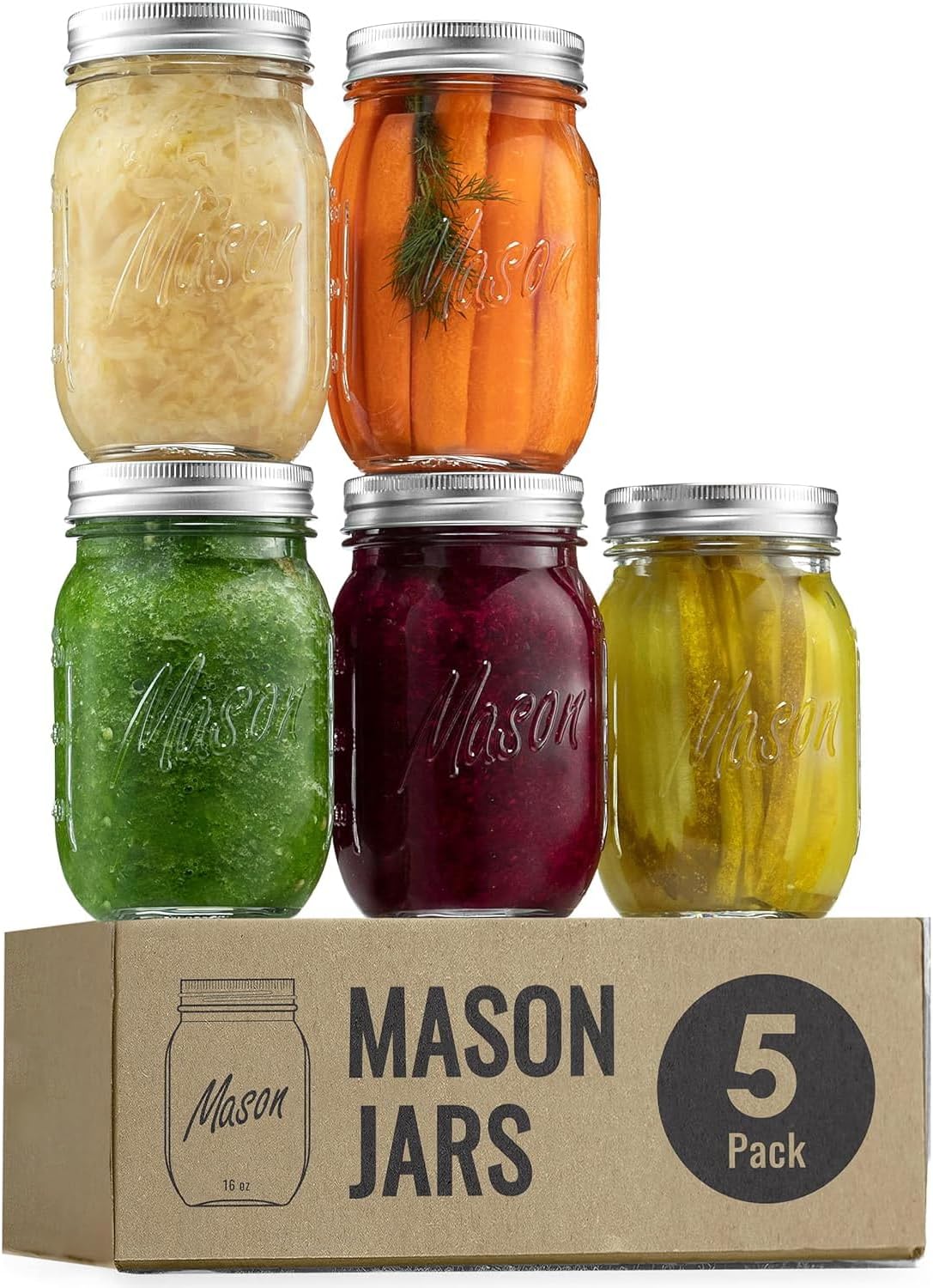 5 Pack 16 oz Mason Jars, Regular Mouth Glass Jars with Lid & Seal Bands, Airtight Container for Pickling, Canning, Candles, Home Decor, Overnight Oats, Fruit Preserves, Jam or Jelly